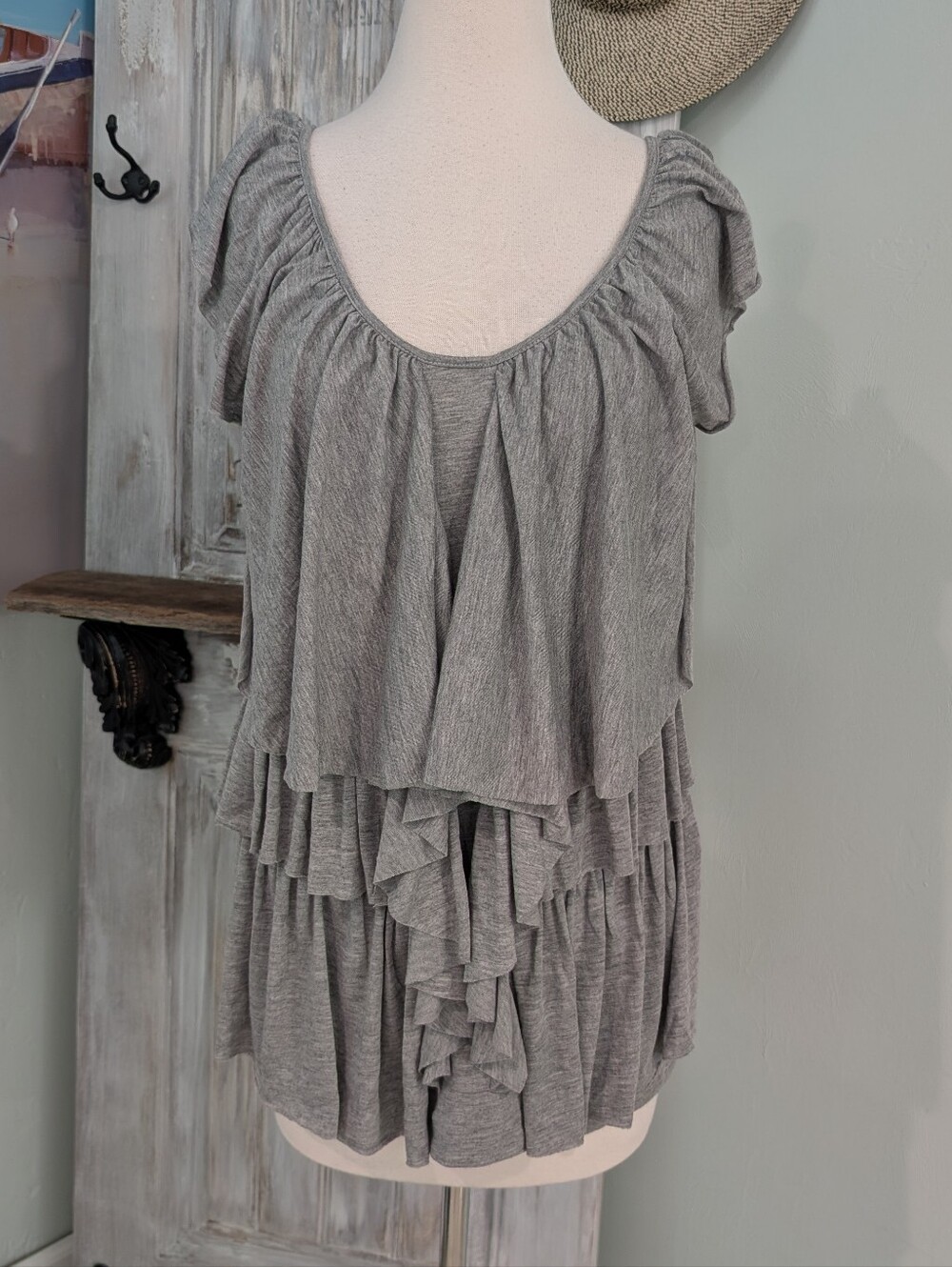 NWT Buffalo David Bitton Gray Ruffle Tiered Scoop Neck Tank
